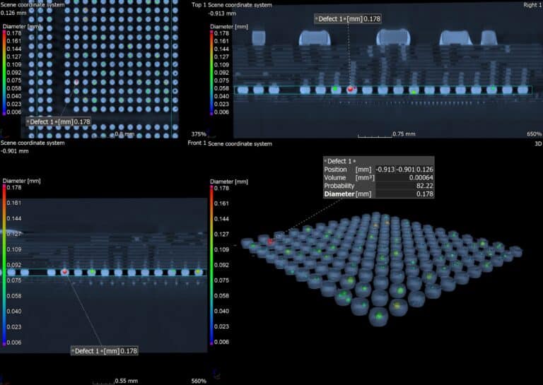 CT analysis on a BGA sample in VGStudio Max, mapping void size and distribution across solder balls.